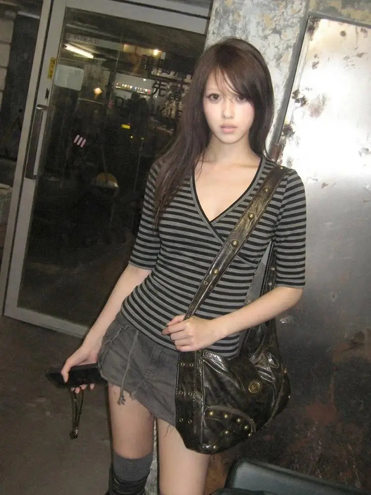 Y2K Striped V-Neck Crop Tee