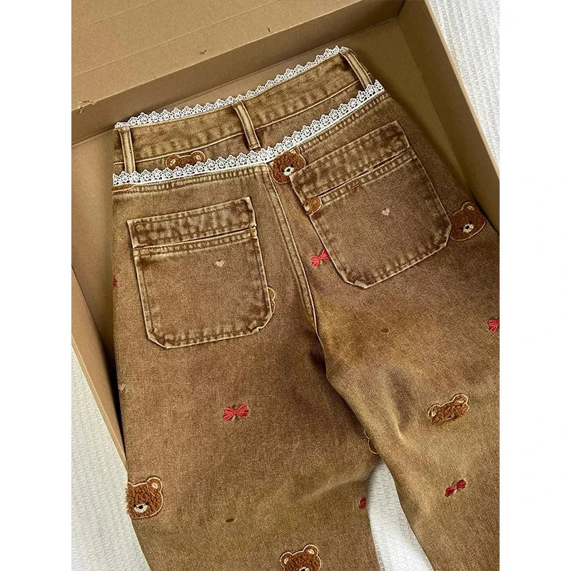 Teddy Bear Lace Wide Leg Jeans 🧸🤍