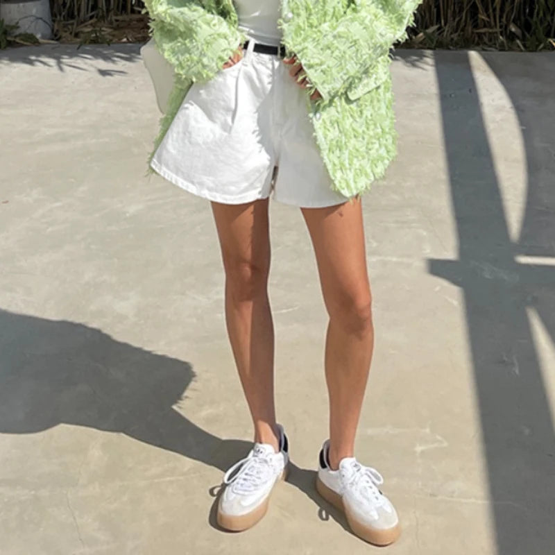 Washed High-Waist A-Line Denim Shorts