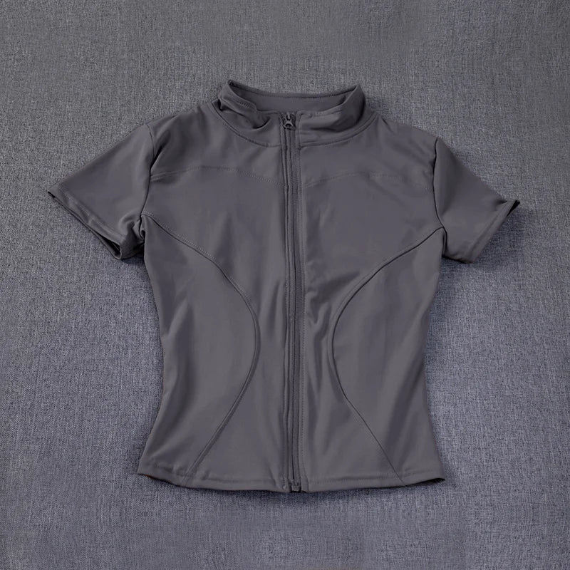 Women’s High-Waist Slimming Yoga Top – Quick-Dry Stand Collar, Full-Zip Short Sleeve Fitness Shirt