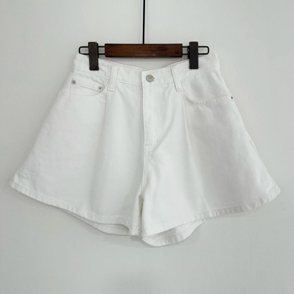 Washed High-Waist A-Line Denim Shorts